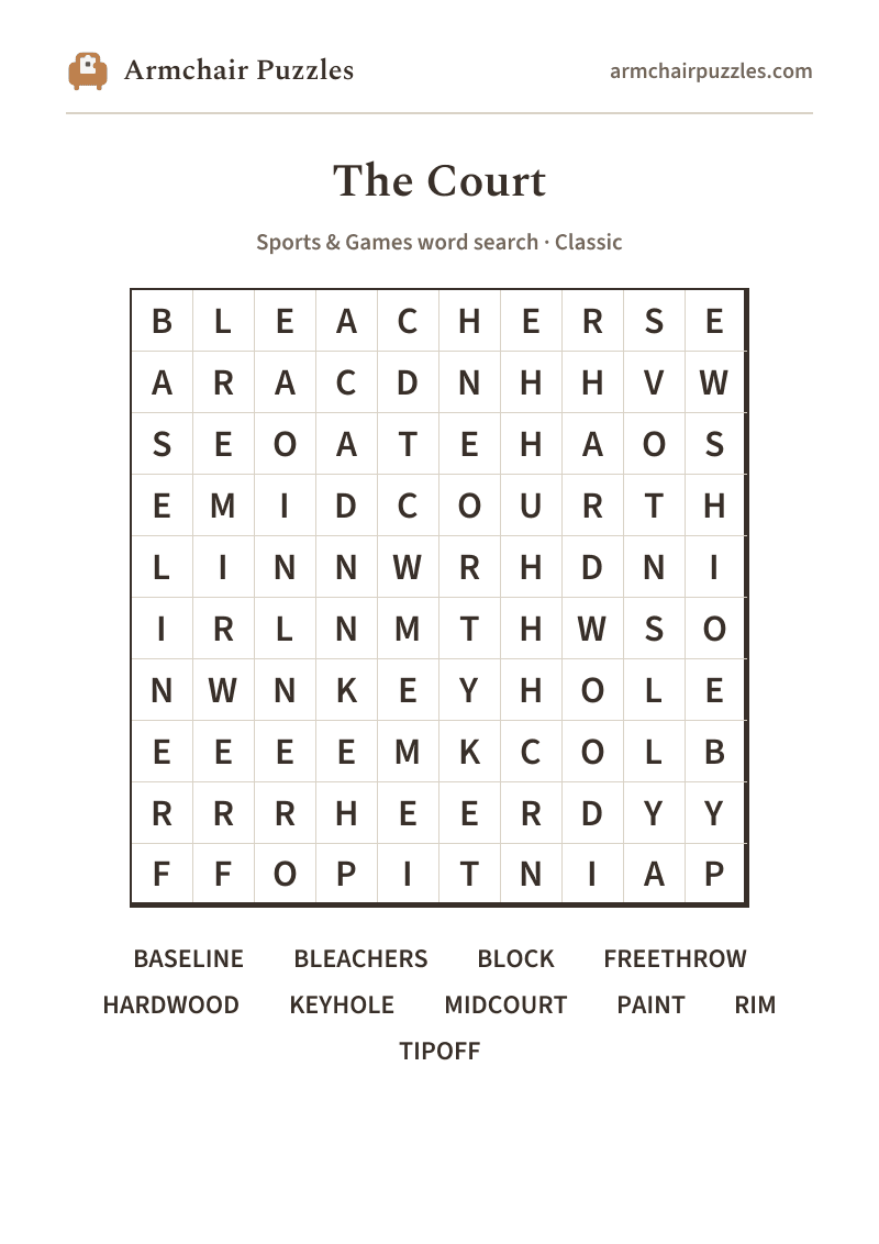 The printable The Court word search sheet