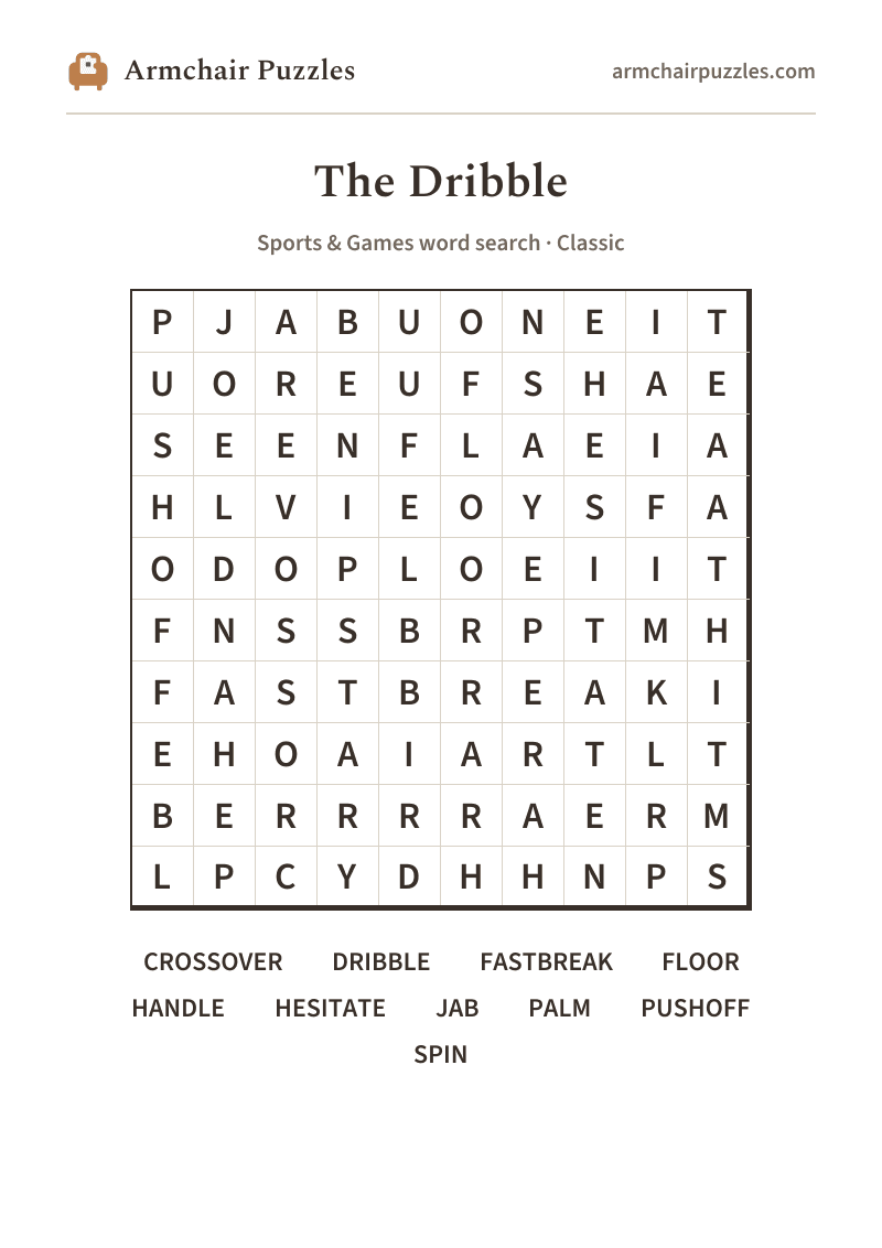 The printable The Dribble word search sheet
