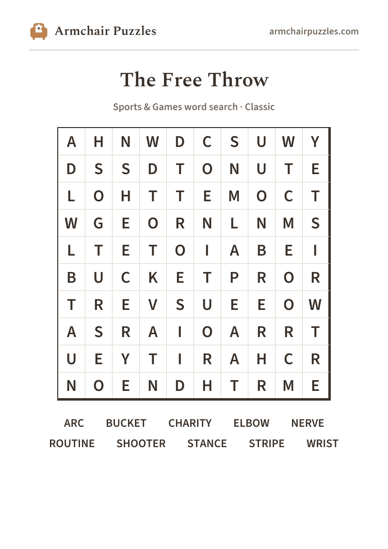 The printable The Free Throw word search sheet: large-print Classic grid with its word list