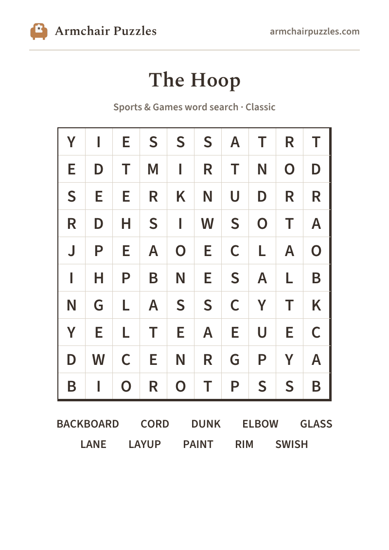 The printable The Hoop word search sheet: large-print Classic grid with its word list