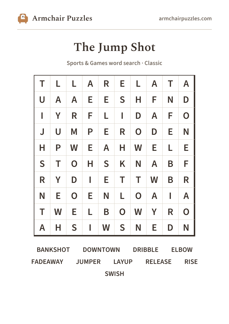 The printable The Jump Shot word search sheet