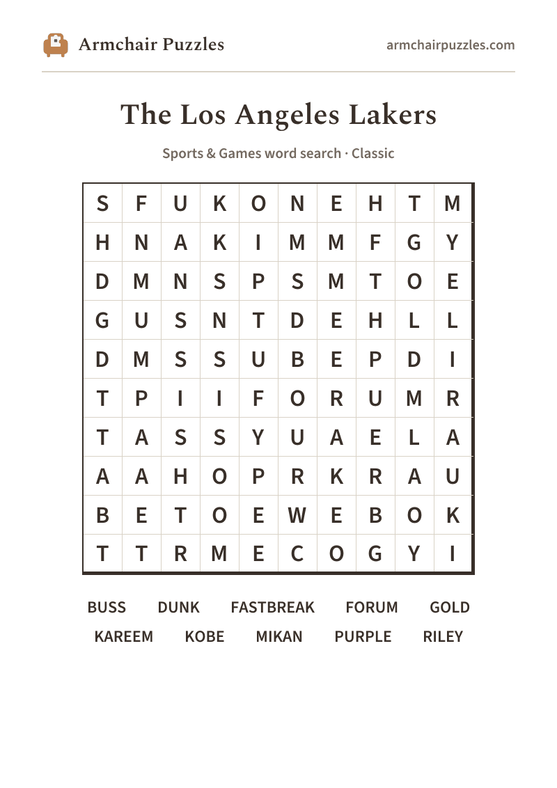 The printable The Los Angeles Lakers word search sheet: large-print Classic grid with its word list