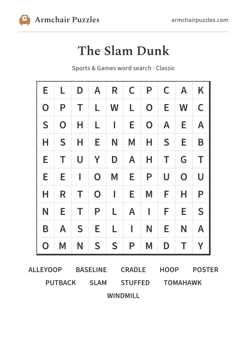 The printable The Slam Dunk word search sheet