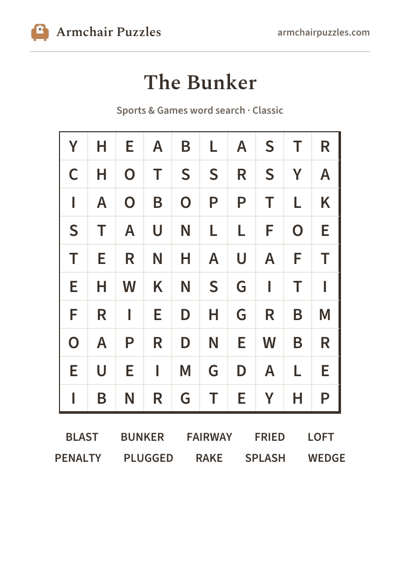 The printable The Bunker word search sheet: large-print Classic grid with its word list