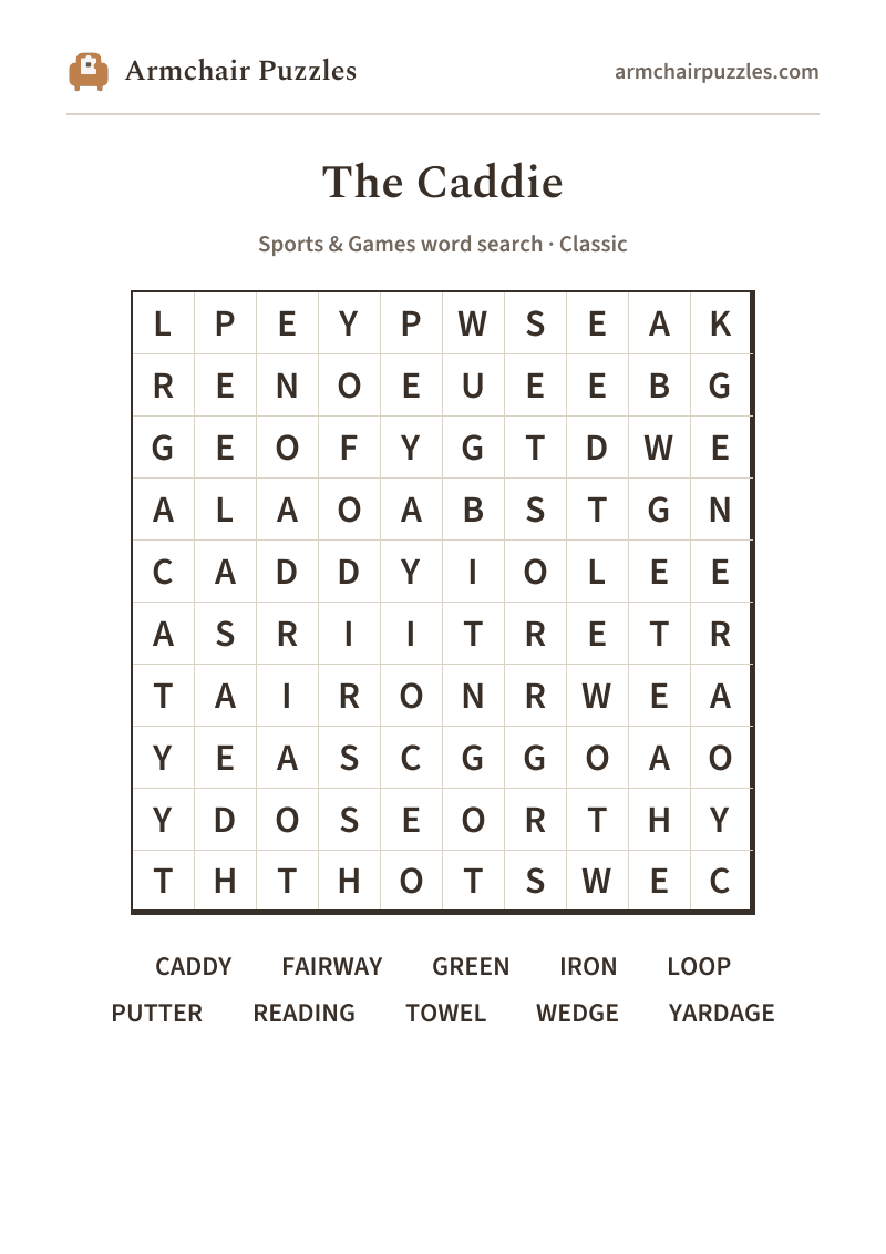 The printable The Caddie word search sheet in large print