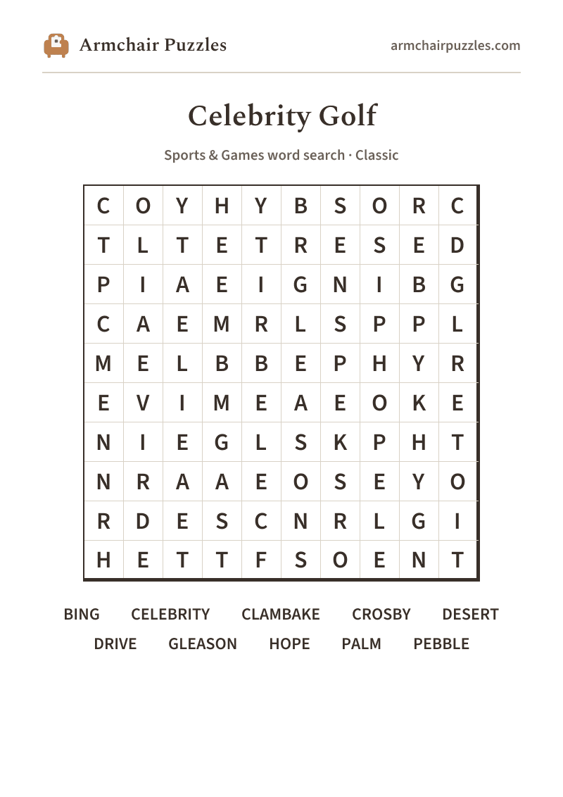 The printable Celebrity Golf word search sheet