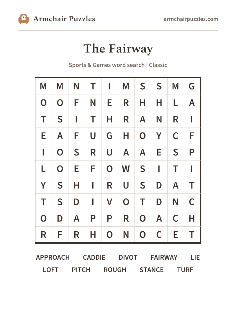 The printable The Fairway word search sheet in large print