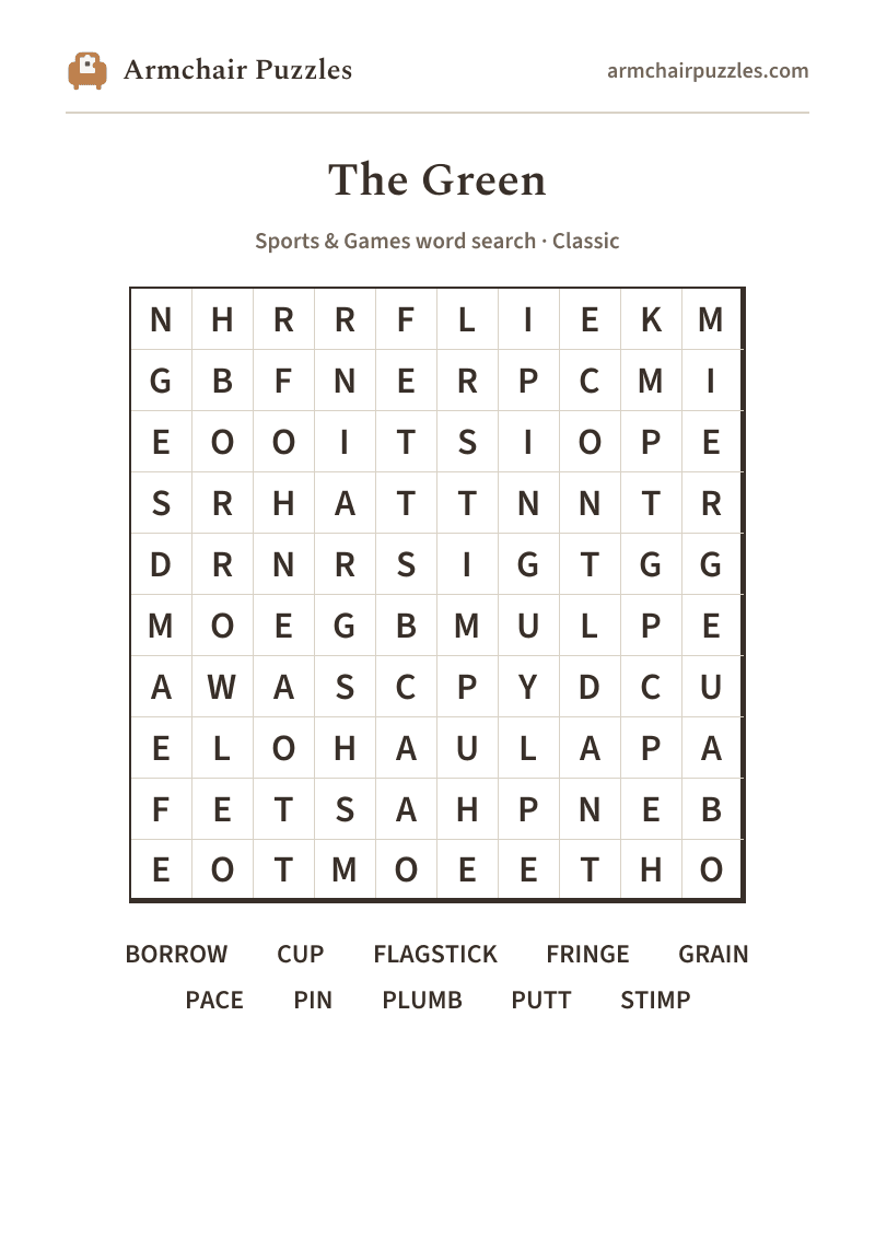 The printable The Green word search sheet in large print