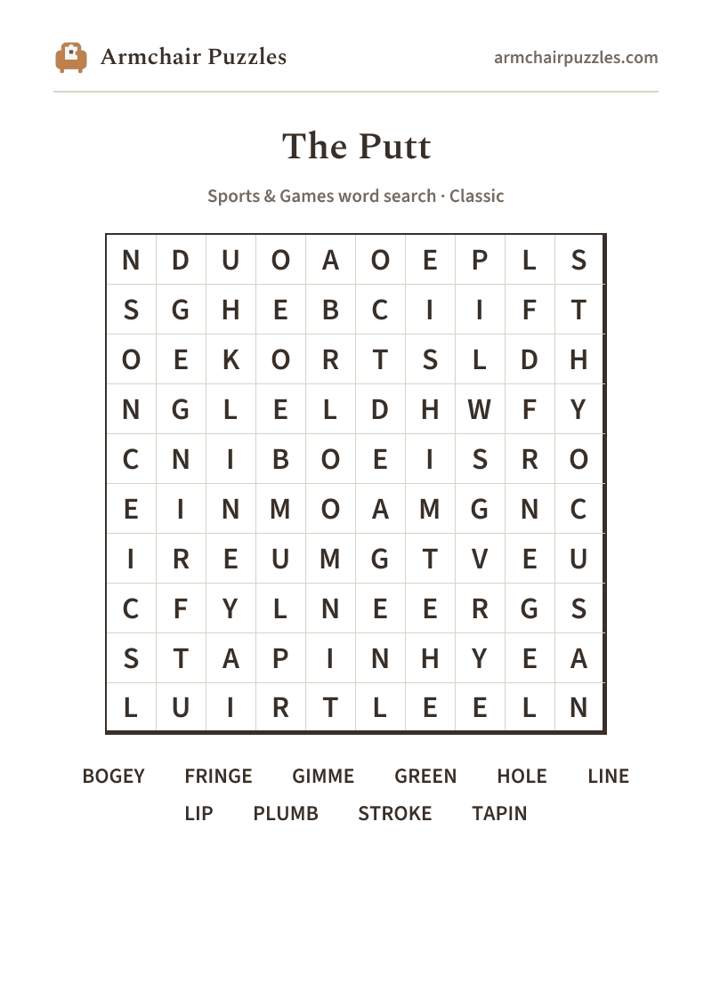 The printable The Putt word search sheet