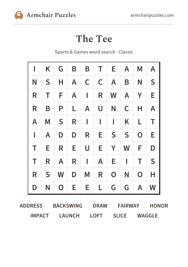 The printable The Tee word search sheet: large-print Classic grid with its word list