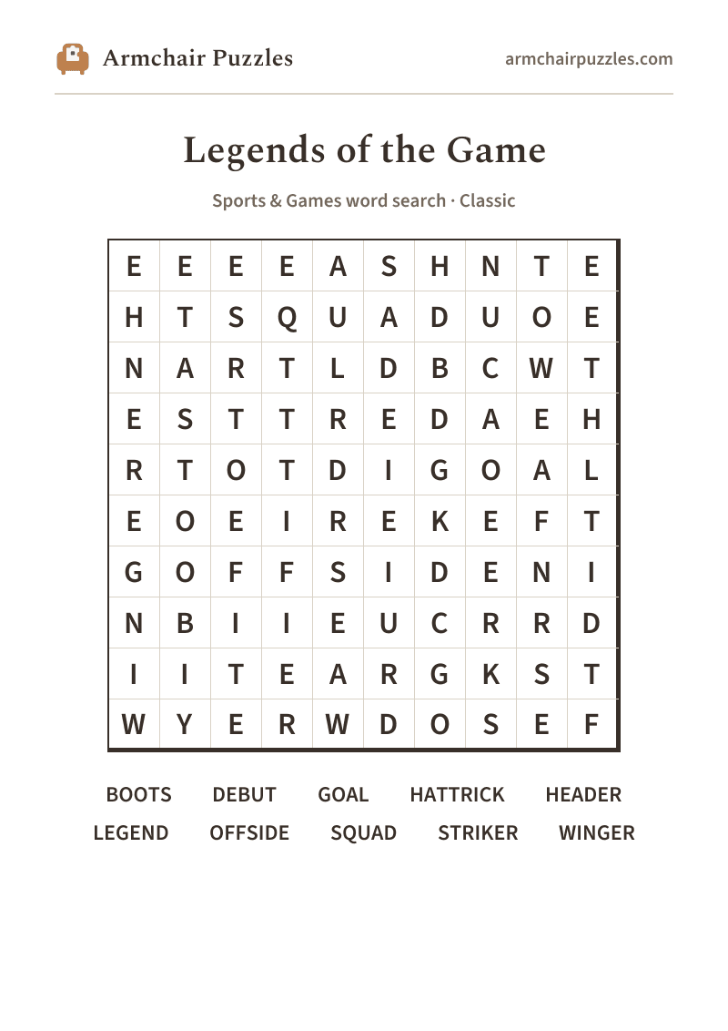The printable Legends of the Game word search sheet