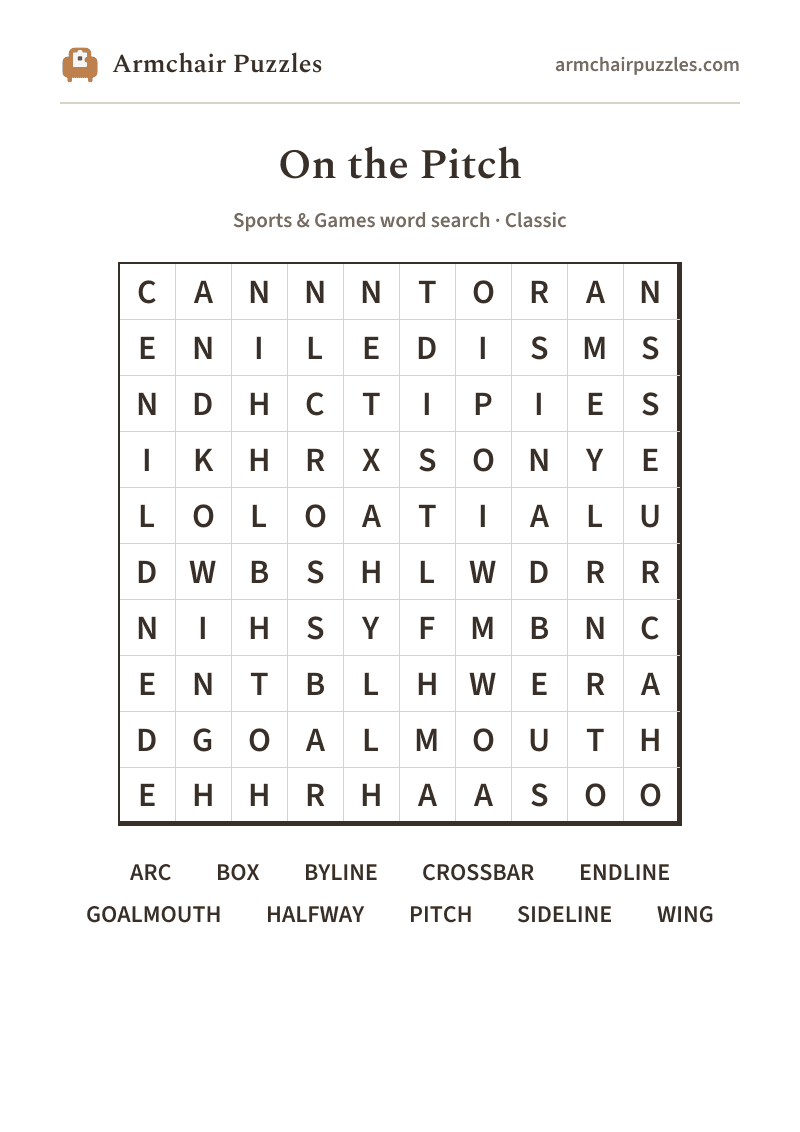 The printable On the Pitch word search sheet