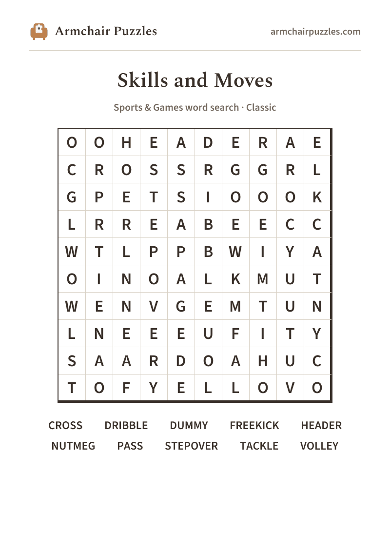 The printable Skills and Moves word search sheet