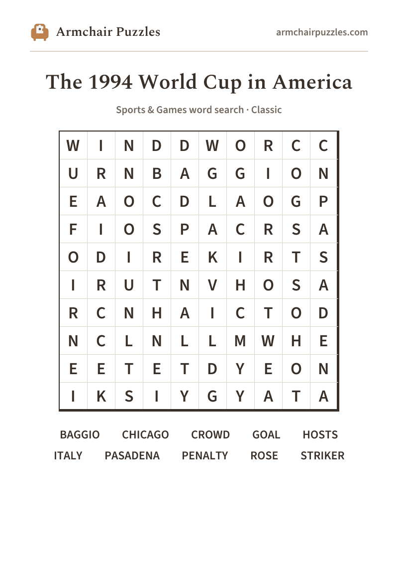 The printable The 1994 World Cup in America word search sheet in large print