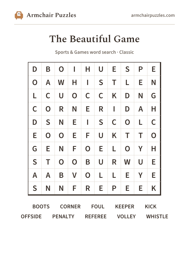 The printable The Beautiful Game word search sheet