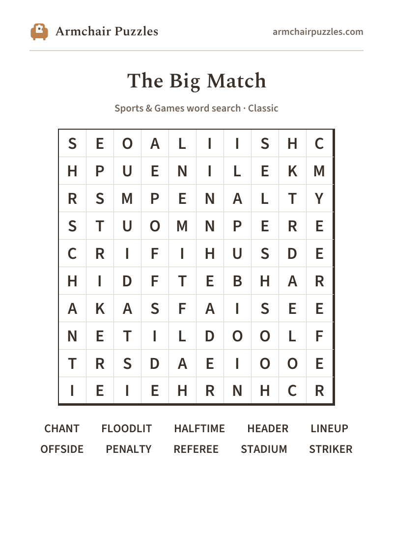 The printable The Big Match word search sheet: large-print Classic grid with its word list