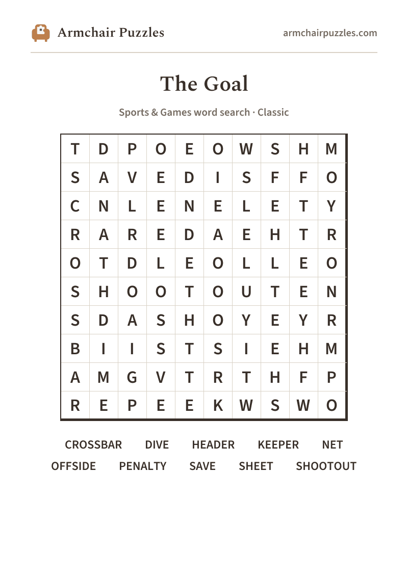 The printable The Goal word search sheet