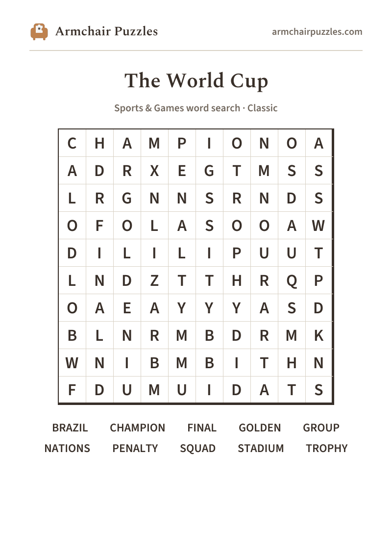 The printable The World Cup word search sheet: large-print Classic grid with its word list