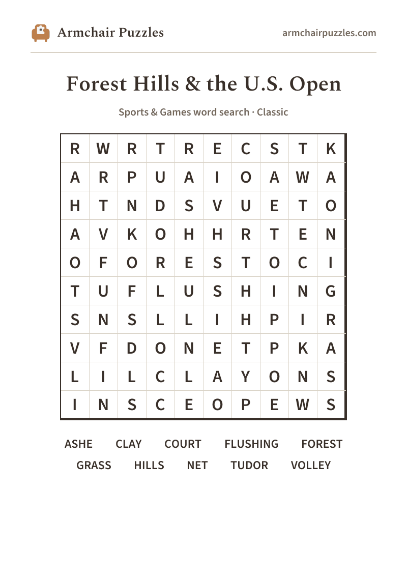 The printable Forest Hills & the U.S. Open word search sheet