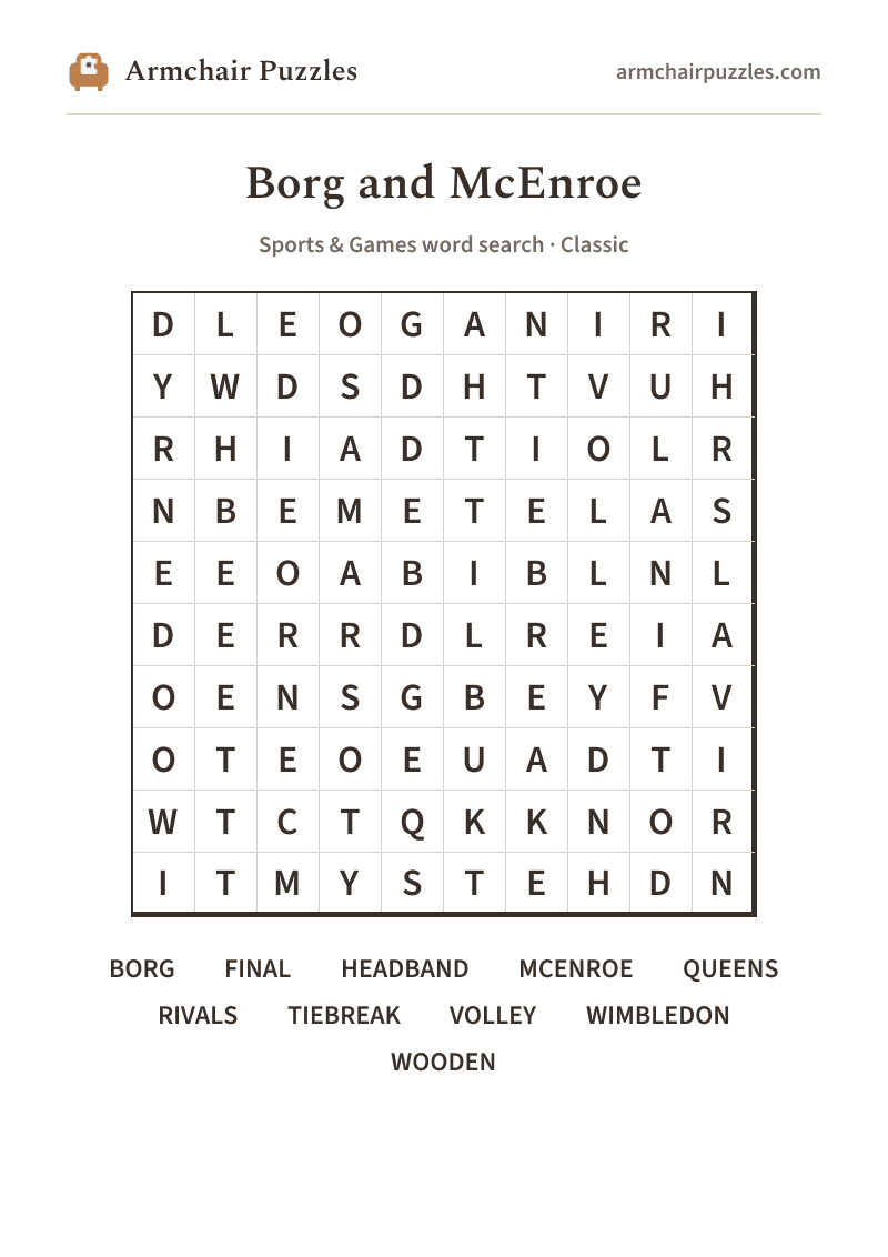 The printable Borg and McEnroe word search sheet