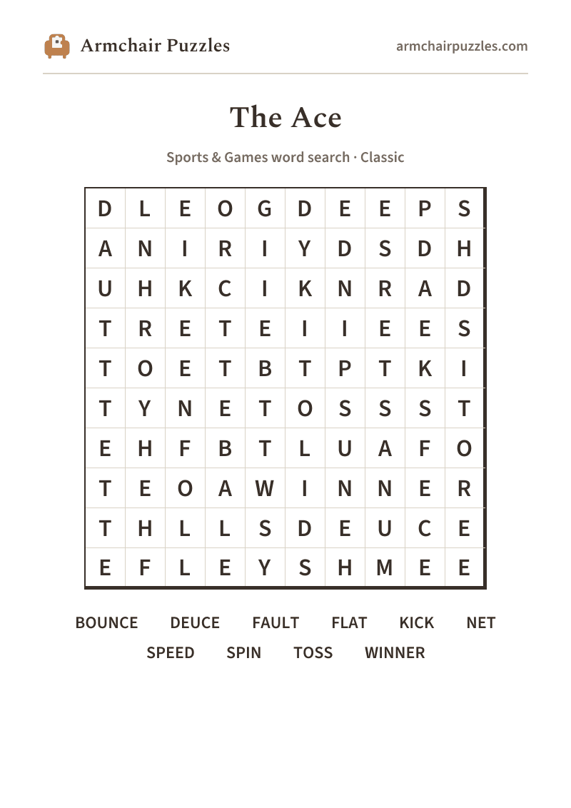 The printable The Ace word search sheet