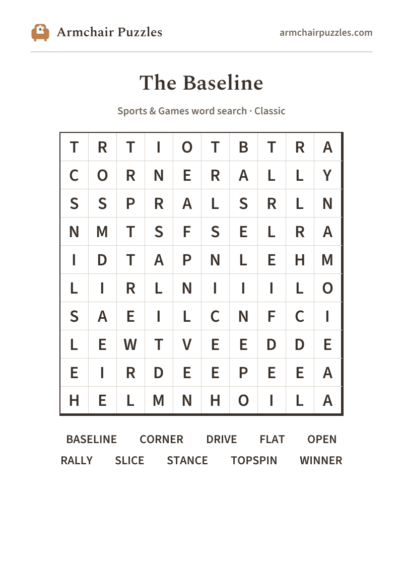 The printable The Baseline word search sheet