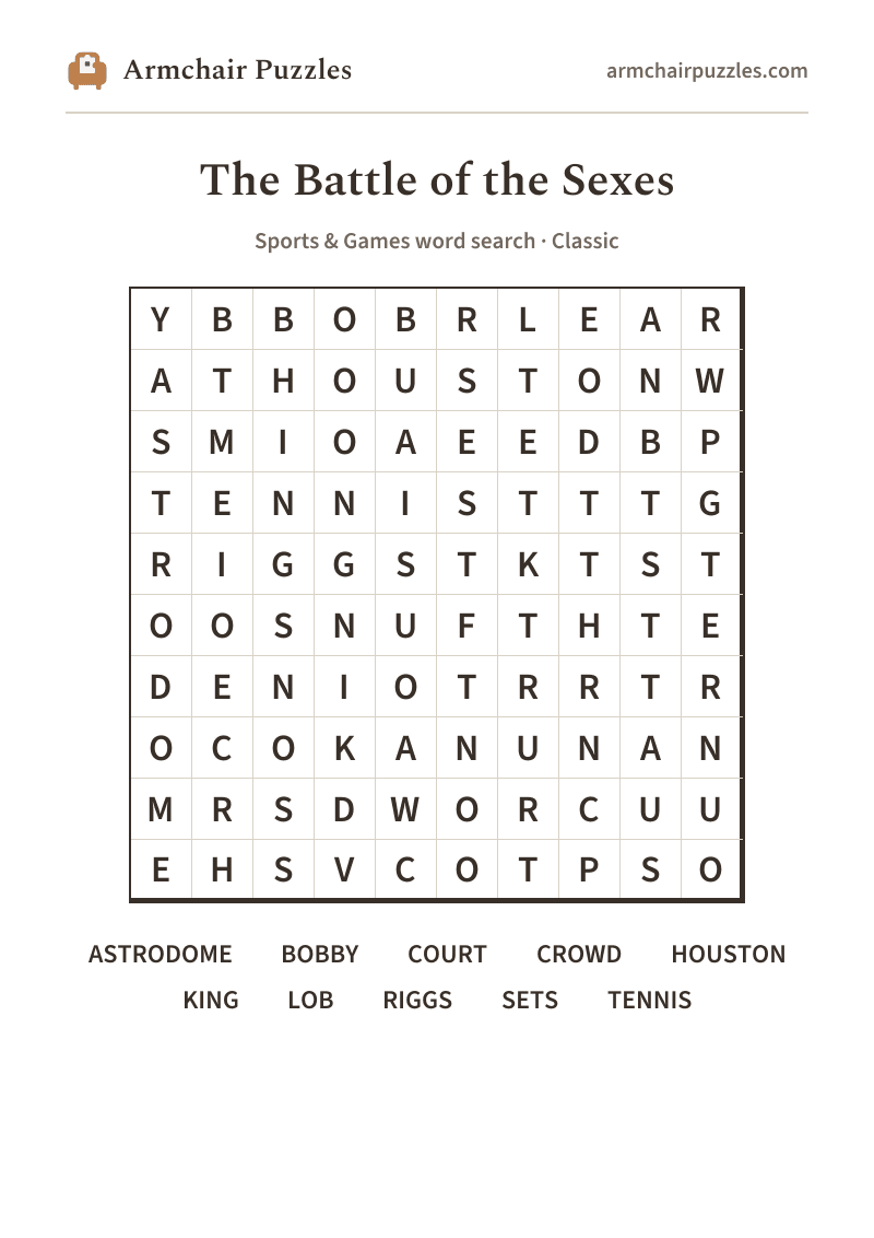 The printable The Battle of the Sexes word search sheet: large-print Classic grid with its word list