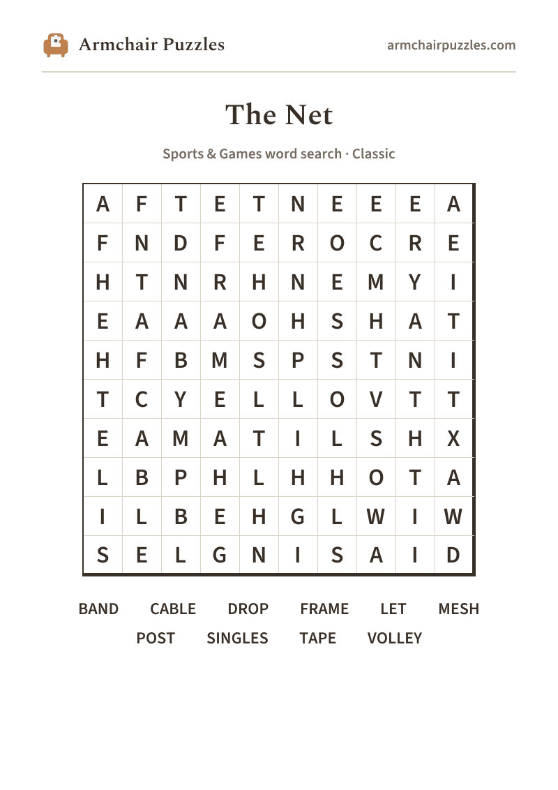 The printable The Net word search sheet