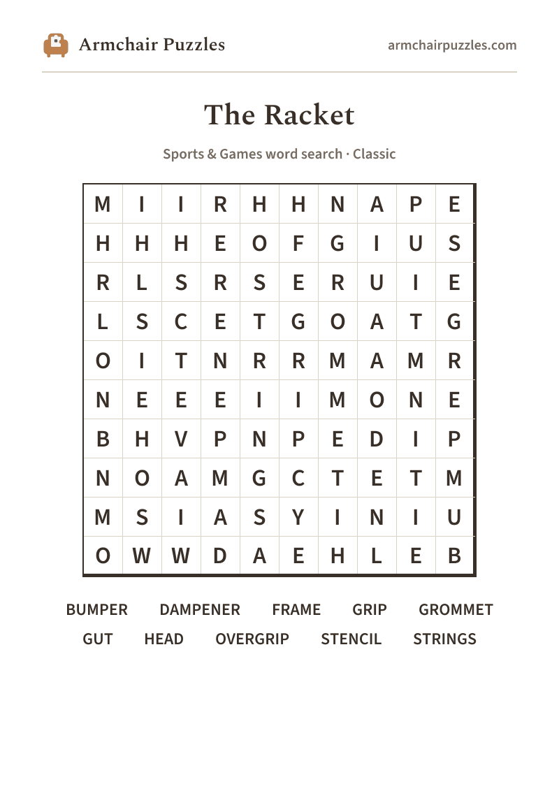 The printable The Racket word search sheet