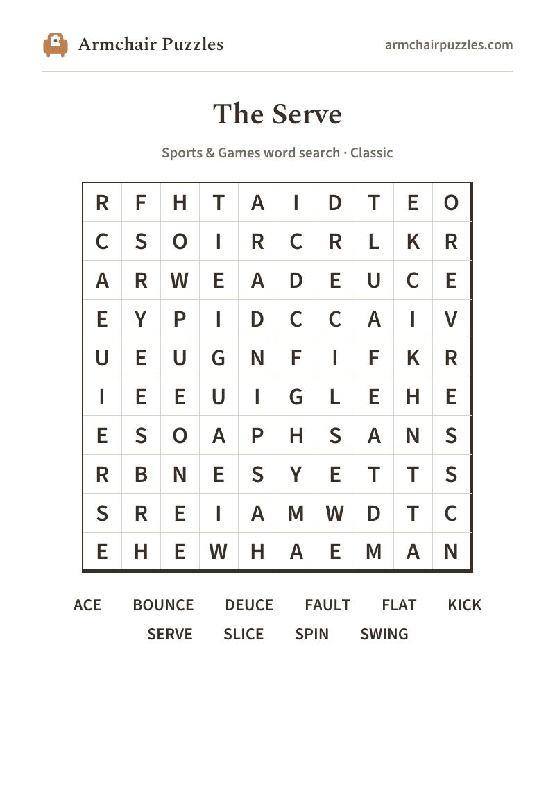 The printable The Serve word search sheet