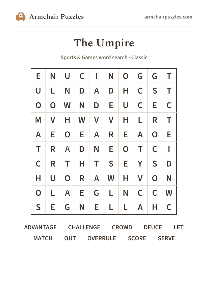The printable The Umpire word search sheet