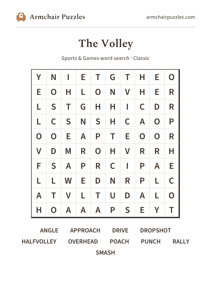 The printable The Volley word search sheet