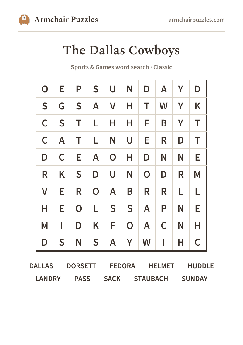 The printable The Dallas Cowboys word search sheet: large-print Classic grid with its word list
