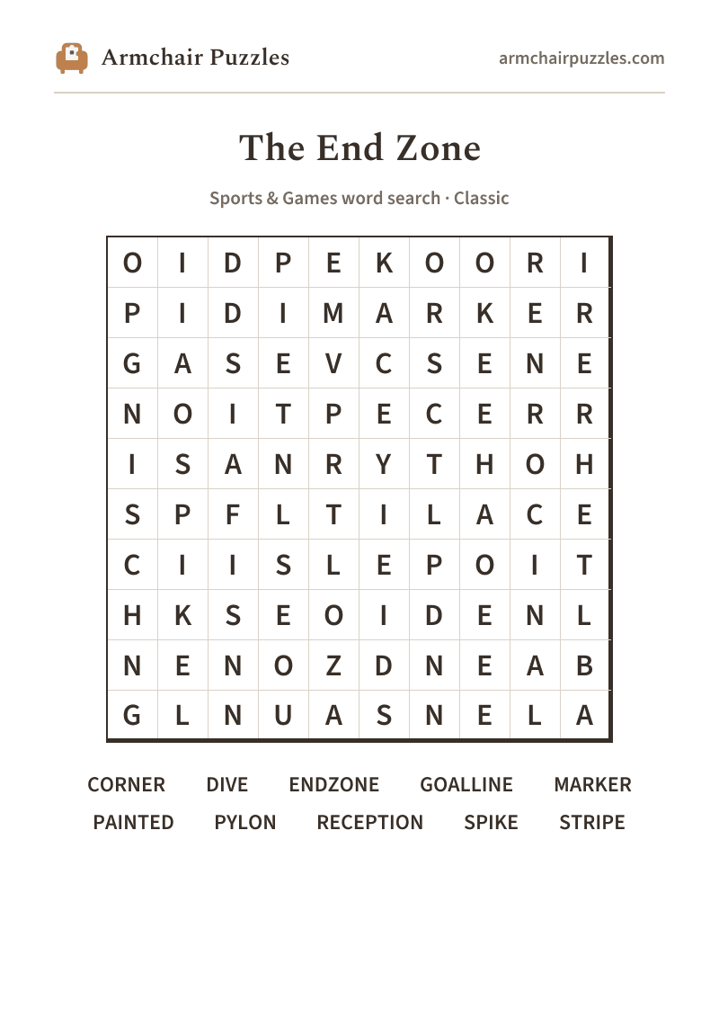 The printable The End Zone word search sheet in large print