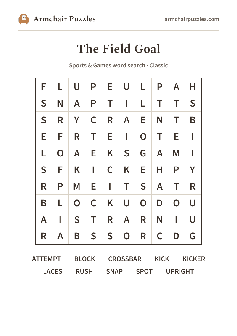 The printable The Field Goal word search sheet
