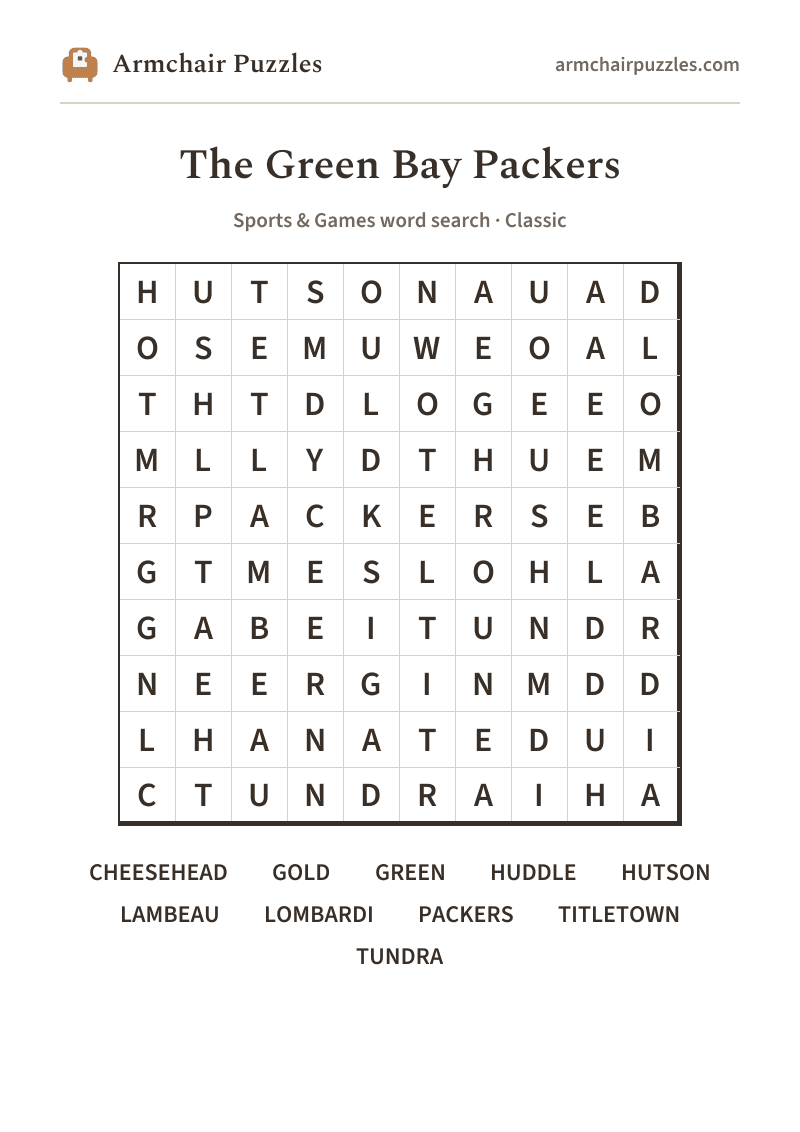 The printable The Green Bay Packers word search sheet: large-print Classic grid with its word list