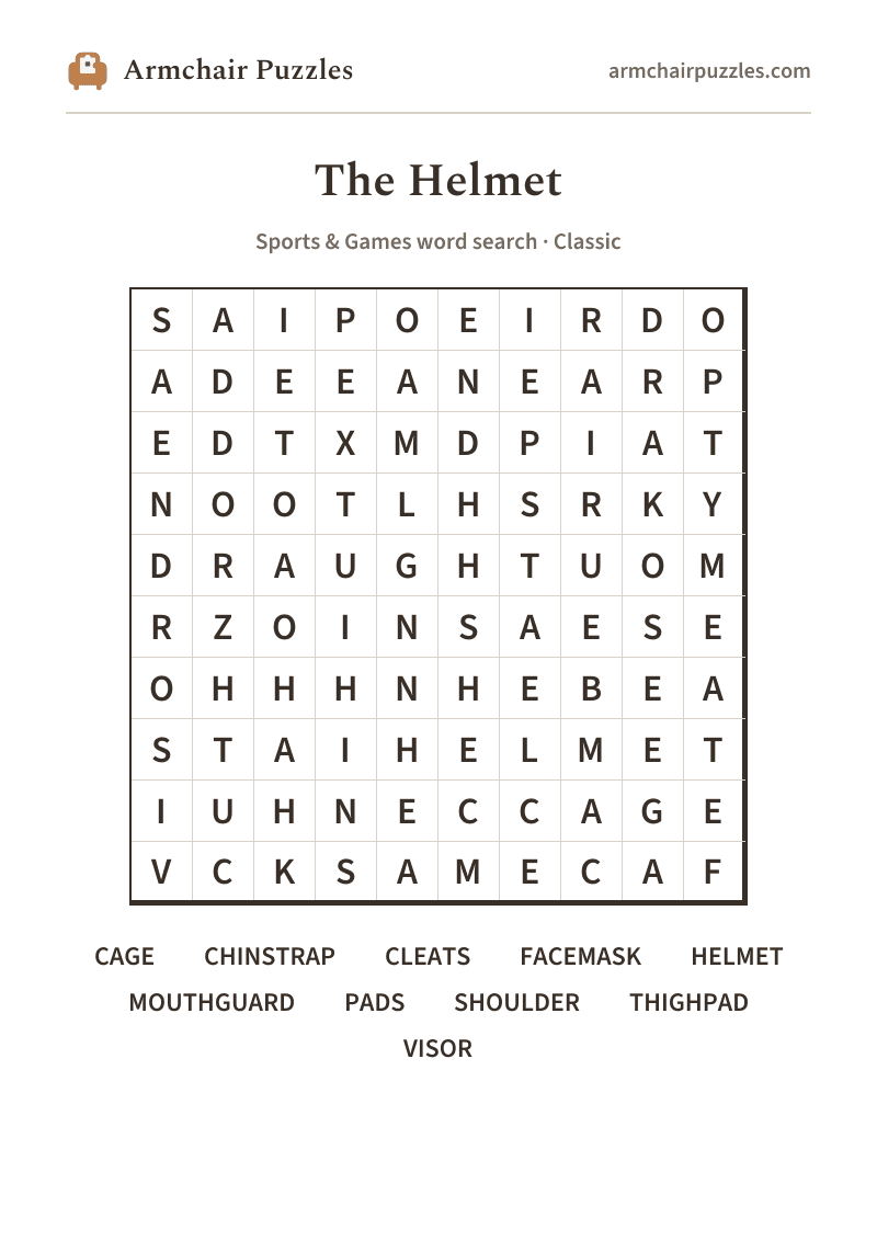 The printable The Helmet word search sheet in large print
