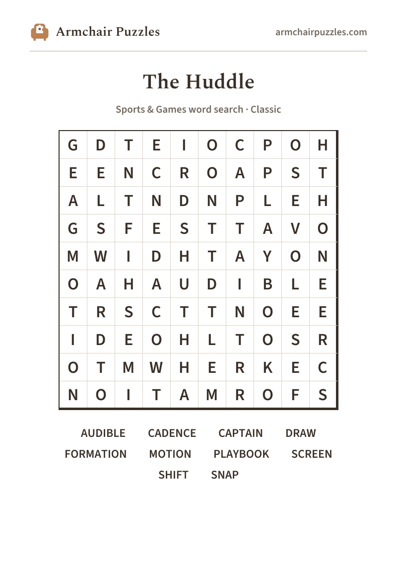 The printable The Huddle word search sheet in large print