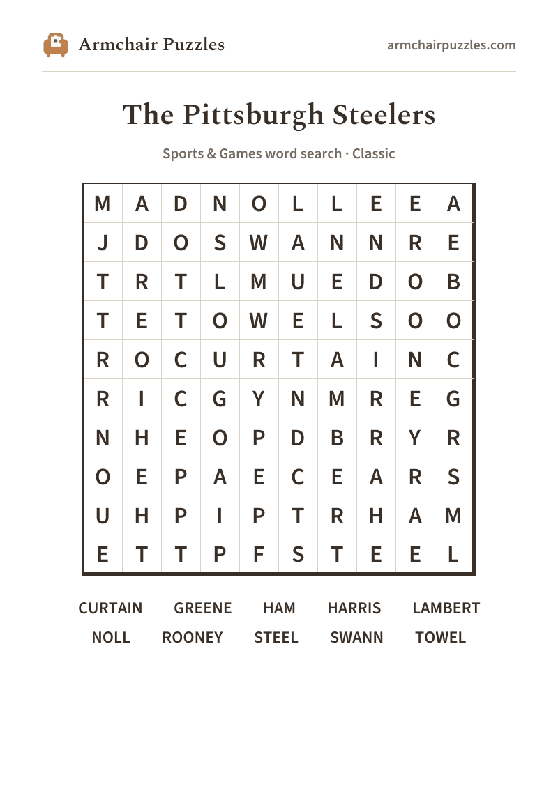 The printable The Pittsburgh Steelers word search sheet: large-print Classic grid with its word list