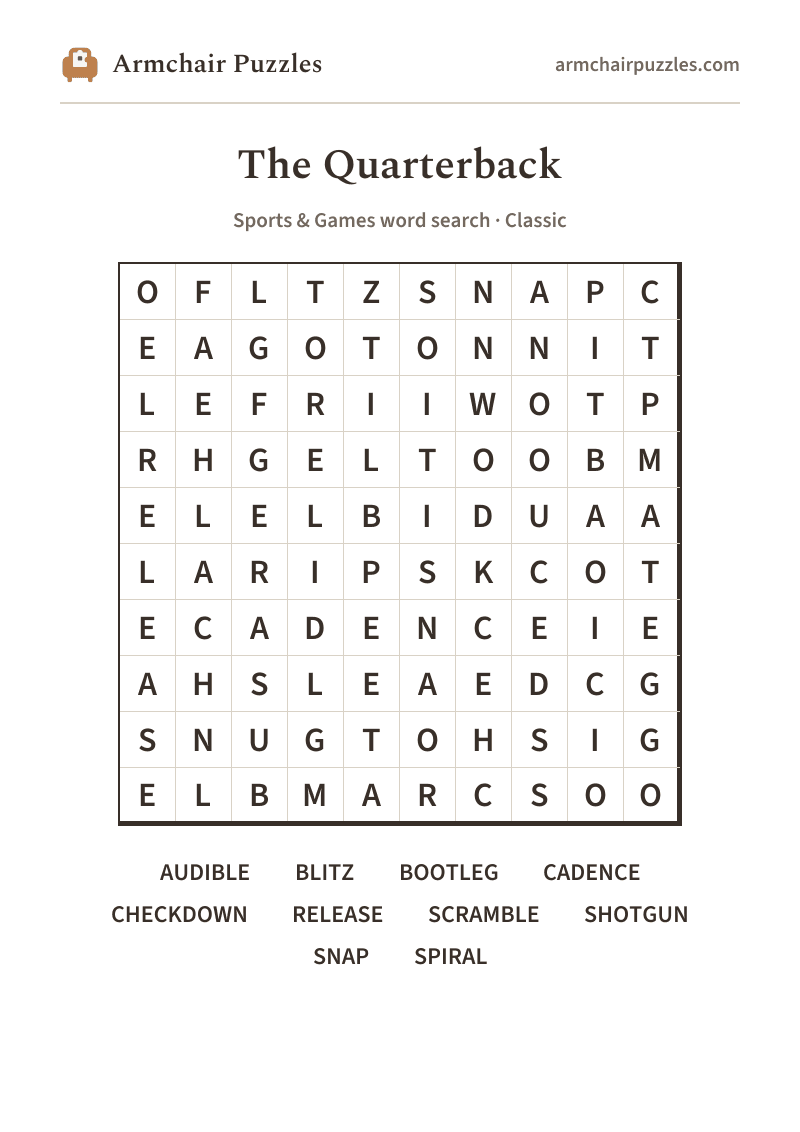 The printable The Quarterback word search sheet