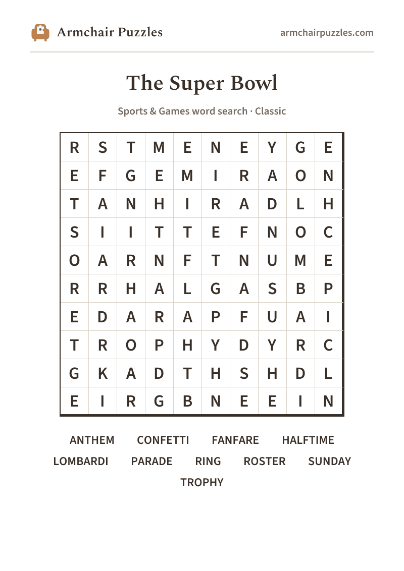 The printable The Super Bowl word search sheet: large-print Classic grid with its word list