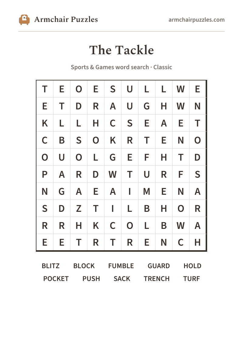 The printable The Tackle word search sheet in large print