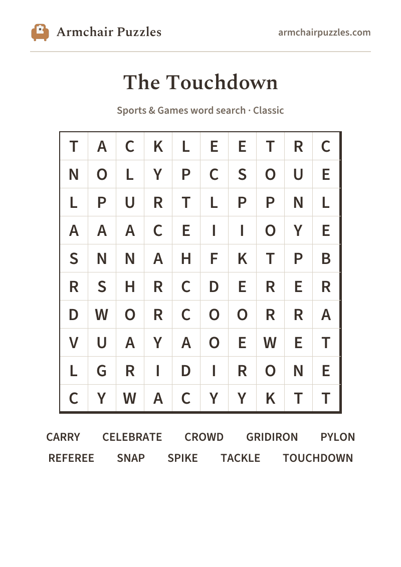 The printable The Touchdown word search sheet