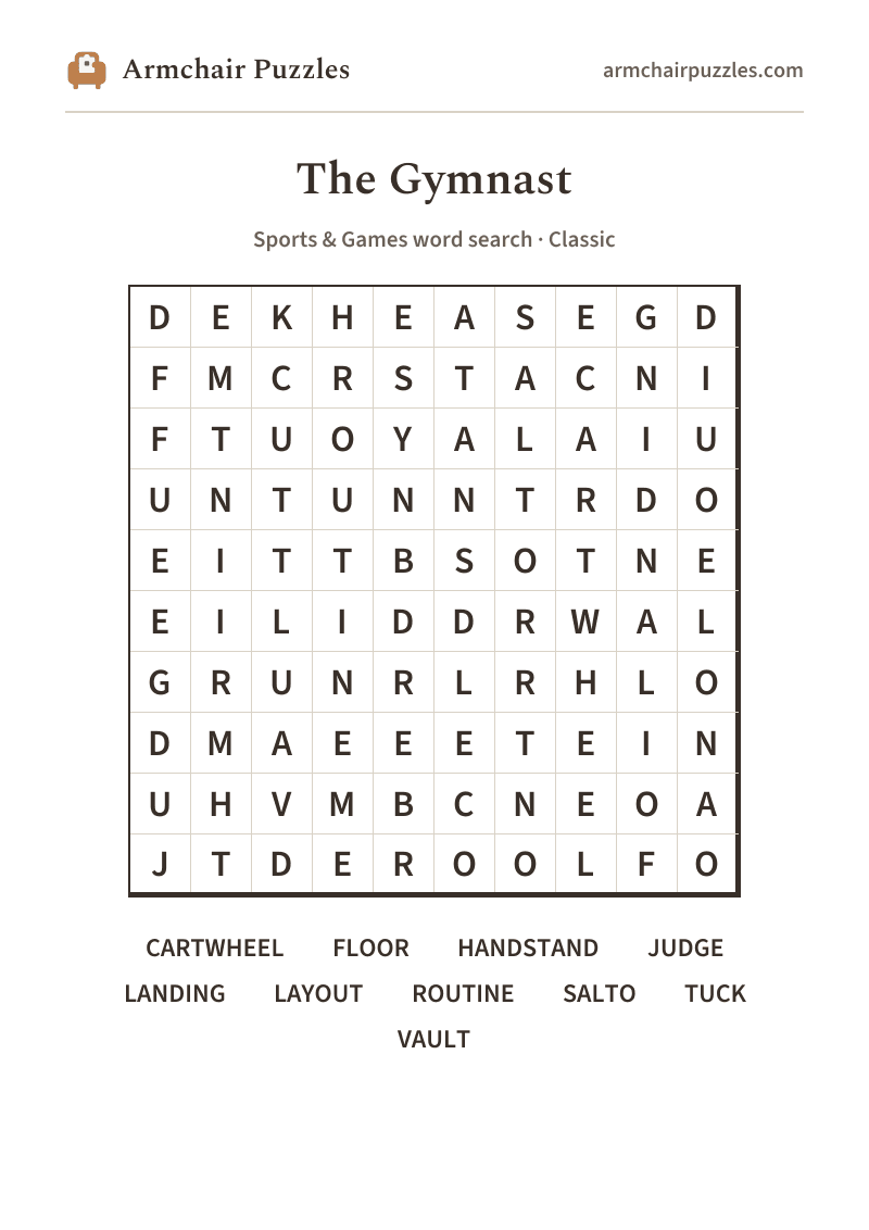 The printable The Gymnast word search sheet