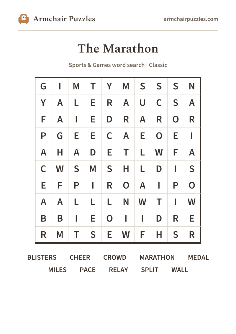 The printable The Marathon word search sheet