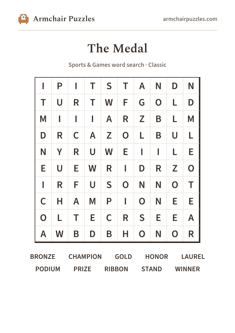 The printable The Medal word search sheet