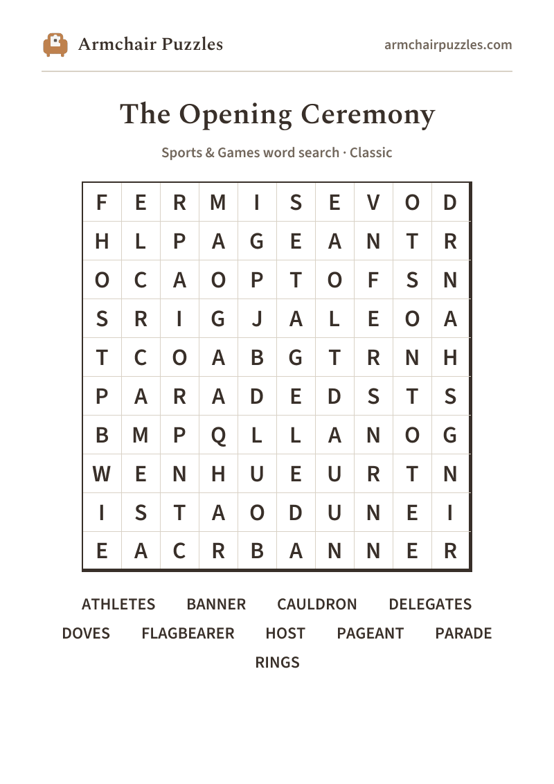 The printable The Opening Ceremony word search sheet