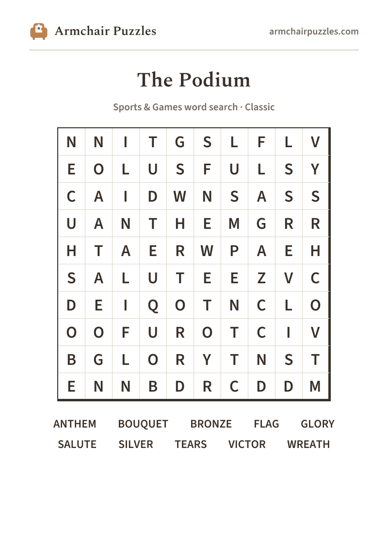 The printable The Podium word search sheet