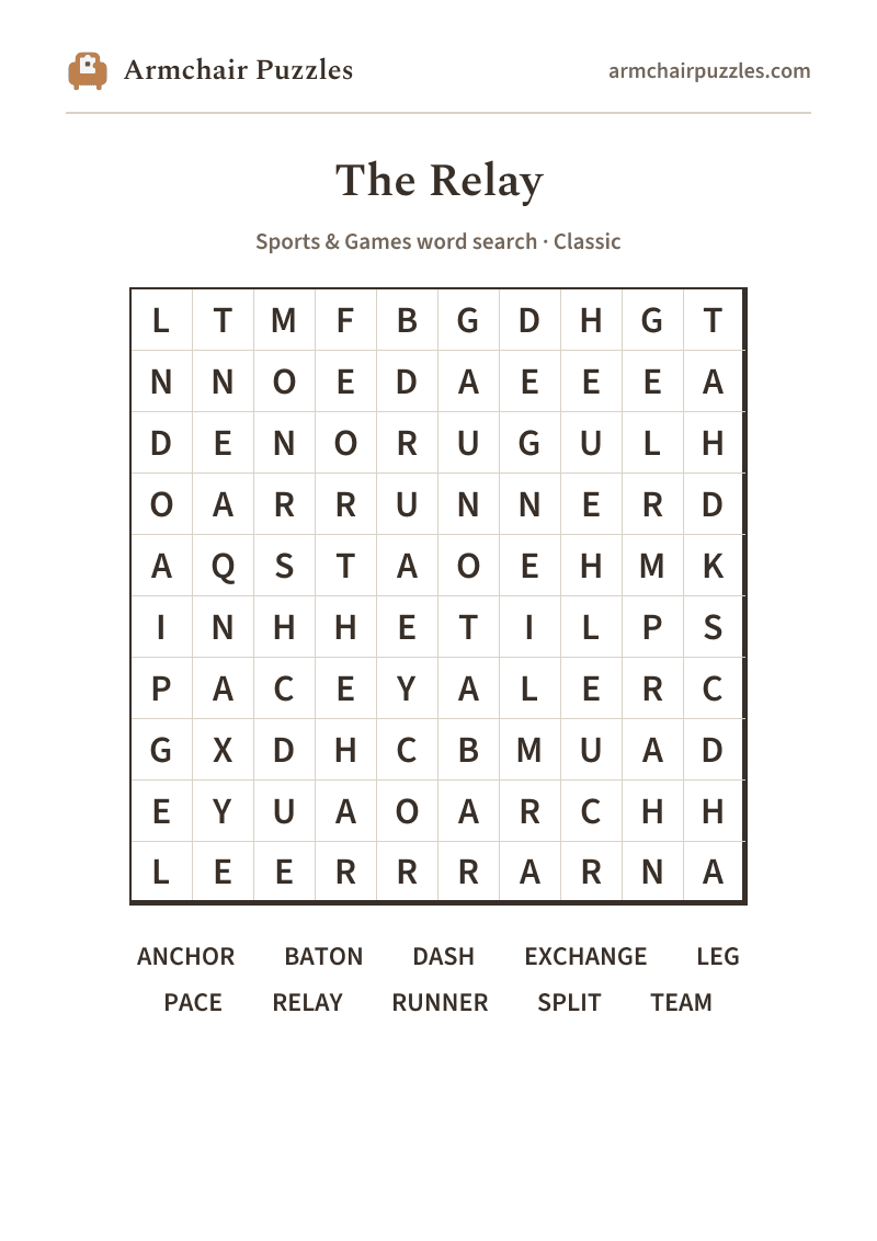 The printable The Relay word search sheet