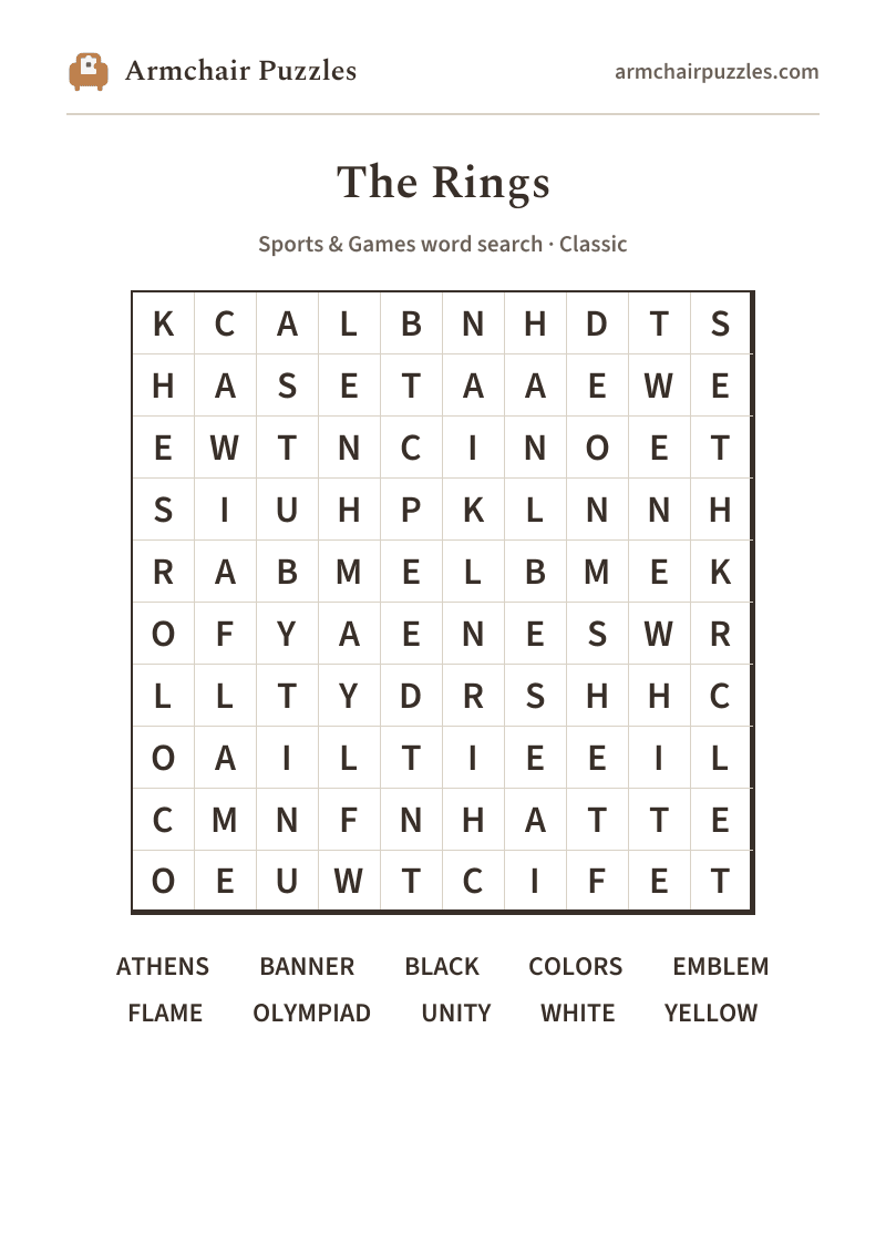 The printable The Rings word search sheet in large print